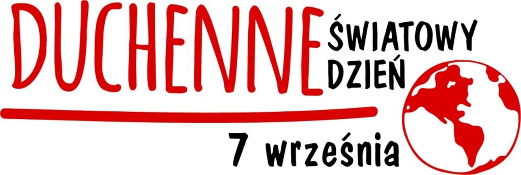 Logo obchodów Światowego Dnia Dystrofii Miesniowej Duchenne'a. Czerwony napis Duchenne podkreślony czerwoną kreską i po prawej stronie czarny napis światowy dzień. Pod napisem światowy dzień jest czerwona kula ziemska.